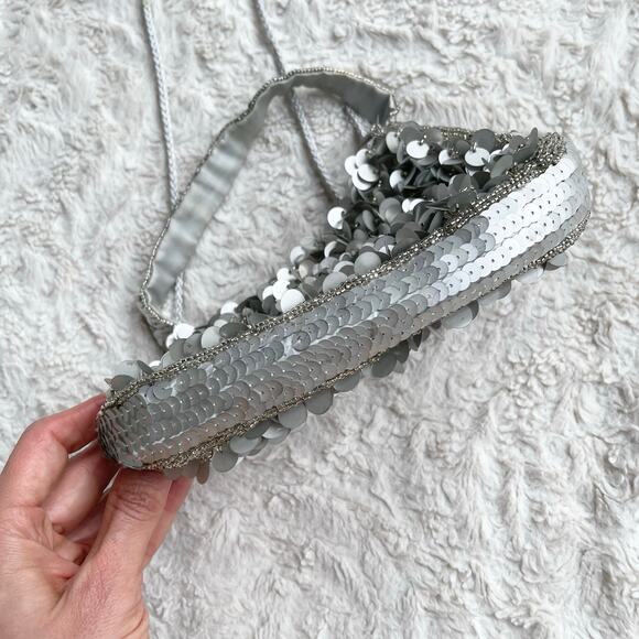 Cache silver beaded sequin mini evening bag convertible crossbody Y2K vintage - Picture 13 of 17